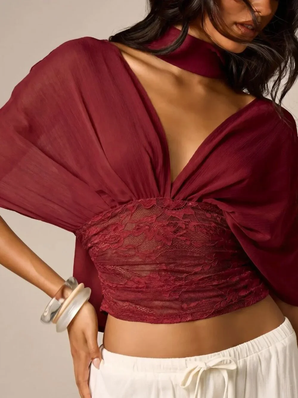 Burgundy Elegant Women's Lace Panel Crop Top